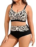 Tuopuda Badeanzug Damen Bauchweg Große Brüste für Mollige, Bikini-Oberteil mit Bikinihose High Waist Sport-Schwimmanzug Sexy Swimsuit Women Badebekleidung, Leopard, 3XL