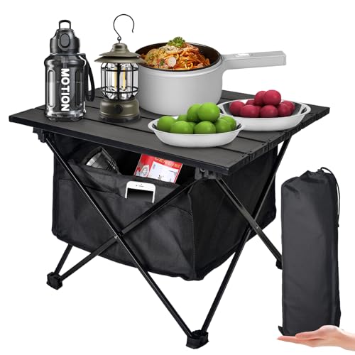 Audoyon Foldable Camping Side Table, Ultralight Small Beach Aluminum, Portable Outdoor Table with Carry Bag and Storage for Picnic, Grill, Hiking, Fishing, Sand, Camping, Black