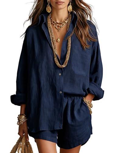 Gozoloma Women's 2 Piece Cotton Linen Set Adjustable 3/4 Sleeve
