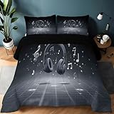 Bettdecke 200 x 200 cm 4 Jahreszeiten, Minimalismus Kopfhörer Noten Warme Ganzjahresdecke Kinder Bettdecke ohne Bezug Waschbar Schlafdecke mit 2 Kissenbezug 80x80cm, Wende-Steppdecke, Grau