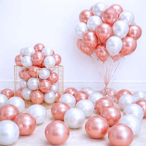 Image of 50 Pcs Rose Gold White Metallic Chrome Balloons for Birthday Decoration Items Anniversary Baby Shower Boys Girls Kids Year With Latex Transparent Metallic Balloon Happy Birthday Decoration Kit Combo