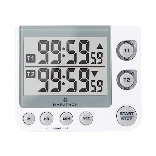 Marathon 100 Hour Dual Digital Timer, White - Large, Easy-to-Read LCD Display - Loud Ring Alarm - 2 AAA Batteries Included