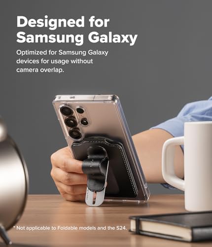 Ringke Slide Grip Magnetic Edge Designed for Samsung Galaxy Devices [All-in-One] Premium PU Leather Card Holder with Finger Loop and Adjustable Stand Compatible with MagSafe Wallet - Black - Image 2