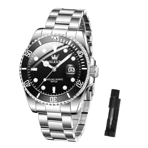 Image of OLEVS Mens Watches Stainless Steel Waterproof Watch.Black Face Silver Band