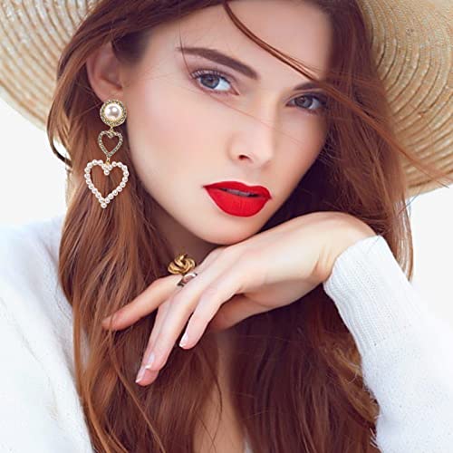 Poptopping Double Heart Earrings Love Heart Dangle Earrings For Women Pearl Heart Drop Earrings For Mother's Day Valentine's Day Birthday Gift (Double Happiness) #TOP5