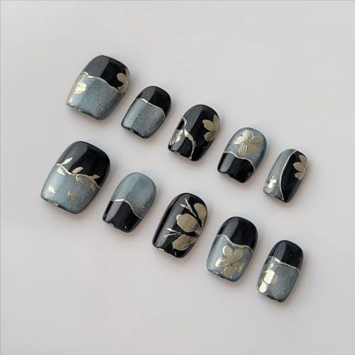LemiVibe·「蒼影」ネイルチップ ショート 短め 黒 100%ハンドメイド 貼るだけネイル つけづめ つけ爪 人気 可愛い 韓国 ジェルネイル ネイルシール セルフネイル ネイルステッカー おうちネイル ネイルデザイン セルフネイル ネイルアート（Amazon）