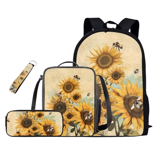 AZULCUSTO Sunflower Kids Backpack and Lunch Box Set Teen Girls 7-9 Elementary School Supplies Essentials 4 pcs Aesthetic Bookbag Teen Girls School Backpack To Store Pens,Crayon Box,Snacks,and Toys