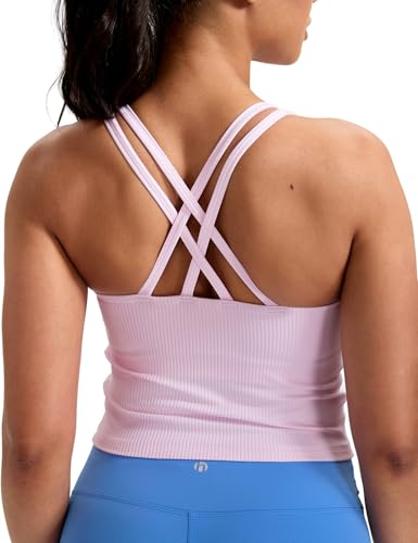 Image of HeyNuts Zeal Bras Longline Ribbed Medium Support Sports Bras, Crisscross Back Tank Tops with Removable Pads A-D Cups