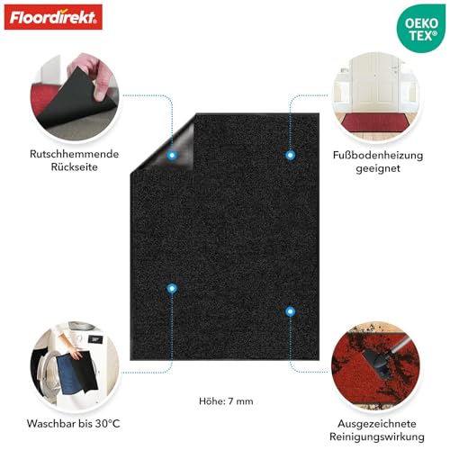 Floordirekt Schmutzfangmatte Rhine - waschbare & leistungsstarke Fußmatte - Sauberlaufmatte mit Rutschfester Rückseite - Türmatte für den Eingangsbereich (Schwarz, 90 cm x 120 cm)