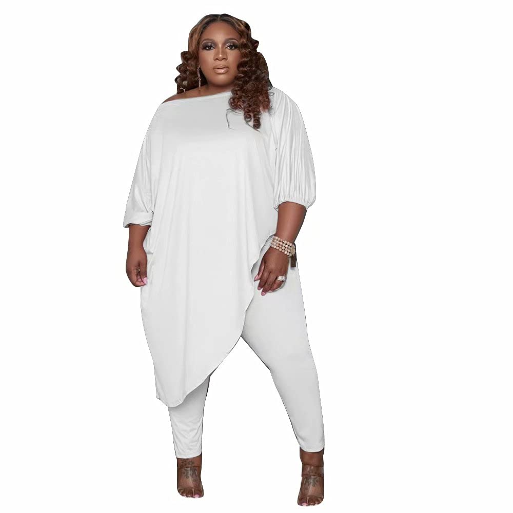 YUSUPU Plus Size Womens 2 Piece Outfits Tracksuits long Sleeve Slant Shoulder Asymmetrica Tops Bodycon Pants Sweatsuit Sets