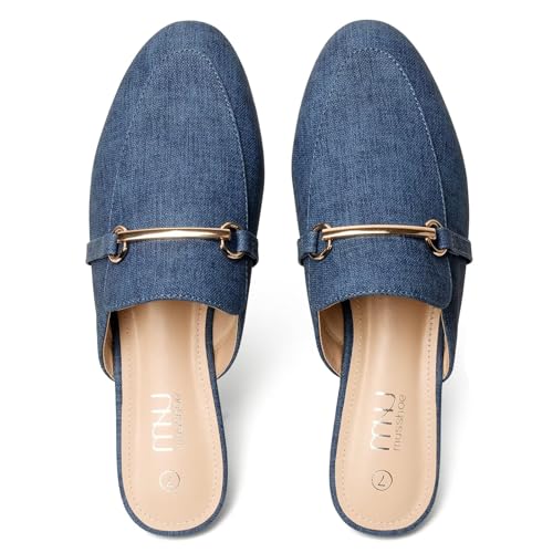 Image of MUSSHOE Gold Buckle Mules for Women - Comfortable Memory Foam Loafers, Classy Slip On Flats for Office Business Casual, Dressy Pointed Toe Shoes