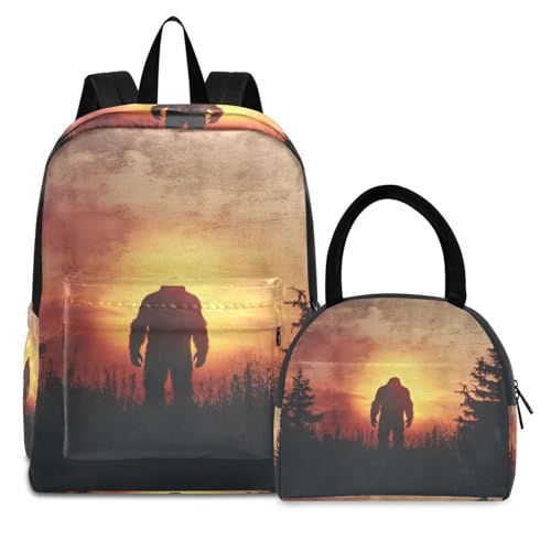 Silhouettes Sasquatch Vintage Print Backpack Set with Lunch Bag, Large Capacity Travel Backpacks and Lunch Box Insulated for Commute Hiking Picnic