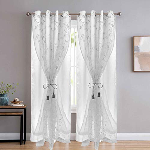 Image of Polyester Door Semi Sheer Curtains, White, Floral, Pack Of 2(7 Feet, White Embroidery + White Blackout)