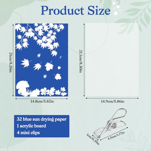 OCCOUMR 32 Stück A5 Cyanotypie Papier, Hochempfindlich Sonnendruckpapier, Sonnendruck-Papier mit Kunststoffwerkzeug und Klammer, Solardruckpapier für Erwachsene Kinder Heimwerken Basteln
