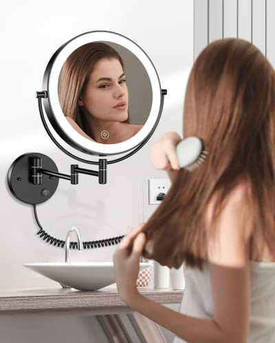 Gospire 9” Wall Mounted Lighted Makeup Vanity Mirror With 3 Color Lights & Stepless Dimming, 1X/10X Magnifying Led Double Sided Bathroom Touch Sensor Extendable Arm 360° Swivel Shaving Cosmetic Mirror #TOP6