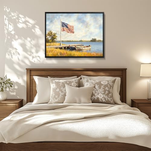 Image of American Flag Framed Canvas Wall Art, 4th of July Red White Blue Canvas Prints, USA Flag with Boat Patriotic Decorations, Vintage Independence Day Wall Decor for Bedroom Living Room 20x24