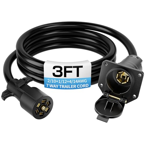 Deluwire 3 FT 7 Pin Trailer Wiring Harness 7 Way Trailer Plug with Double Prong Terminals 2/10+1/12+4/14AWG 7 Pin Trailer Extension for RVs