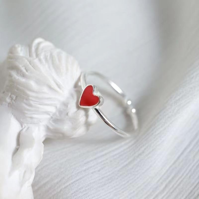 Cute Red Enamel Love Heart Open Statement Ring for Women Silver Dainty Sweet Minimalist Thin Tiny Adjustable Stacking Knuckle Finger Engagement Rings Jewelry for Daughter Her - Image 2