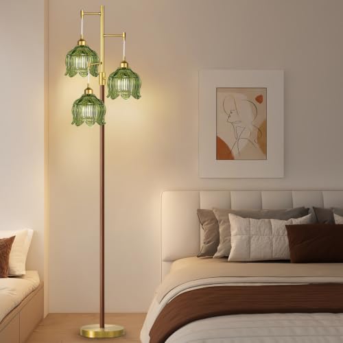 Image of ZECOXOL Wood Floor Lamps for Living Room Bedroom-Rustic Glass Floor Lamp with Three Led Bulb, Modern Mid Century Standing Lamp Brass Vintage Tall Lamp Gold Tree Floor Lamp for Bedroom Corner