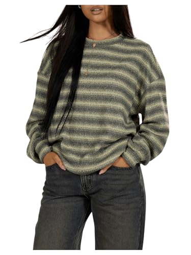 Image of BEAUDRM Women's Vintage Striped Drop Shoulder Sweater Y2k Crewneck Long Sleeve Pullover Knit Tops Green Medium