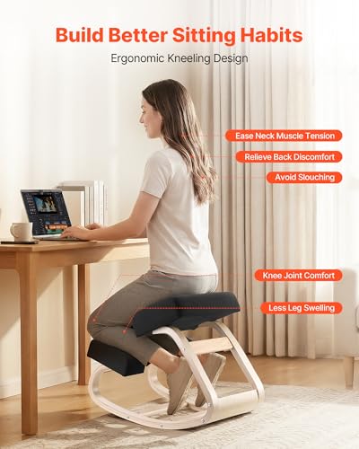 Image of VEVOR Ergonomic Kneeling Chair, Wooden Posture Knee Chair with Thick Foam Cushions and Solid Wood Frame, Adjustable Height, Natural Relief for Neck or Back Pain, Ideal for Home, Office or Meditation