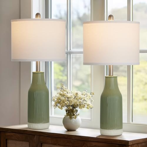 luxeflow 24.5" Ceramic Table Lamps Set of 2 for Bedroom, Sage Green Table Lamps for Living Room End Table, Small Farmhouse Bedside Lamps for Nightstands (2 LED Bulbs Included) - image 1