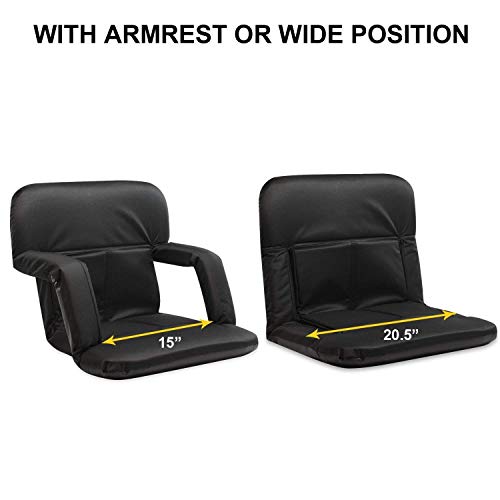 KHOMO GEAR Stadium Bleacher and Bench Seat Chair with Removable Pockets Padded Reclining Cushion and Armrest and Carry Straps - Black