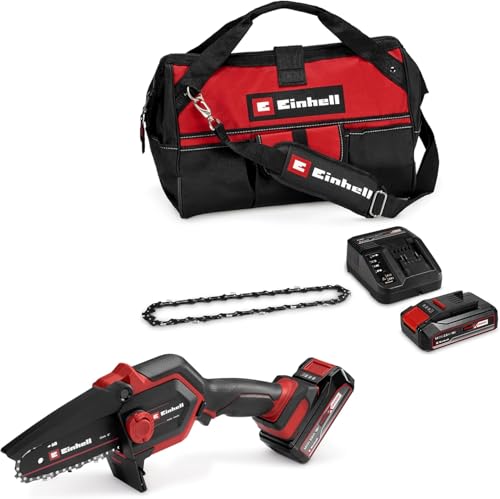 Einhell Tronçonneuse à chaîne sans fil GE-PS 18/15 Li Bag Kit Power X-Change (18 V, Brushless, longueur de coupe 12,5 cm, avec batterie 2,5 Ah, chargeur, chaîne de rechange, sac Einhell 45/29)