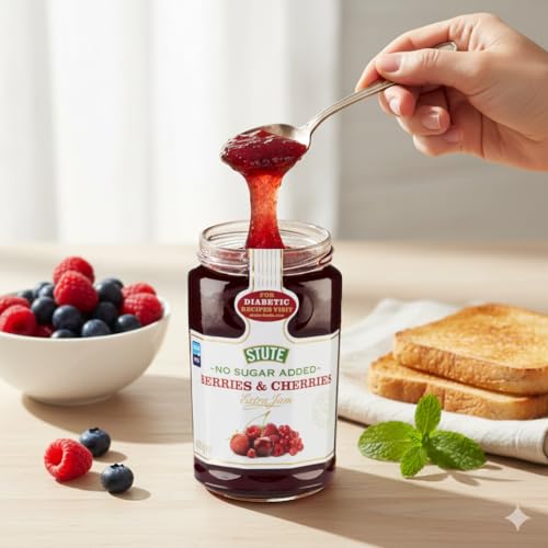 Image of Stute Cherries & Berries Jam 430g | No Sugar Added | 90% Less Sugar & 30% Less Calories | Diabetic Friendly | Imported from UK