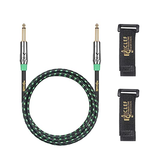 Clef Audio Labs Instrument Guitar Cable, 10ft Cord - 1/4 inch TS Straight to Straight for Electric bass Guitar AMP, 22AWG, Chrome Zinc Alloy Shell, Green Braided Jacket with 2 Adjustable Cable Straps