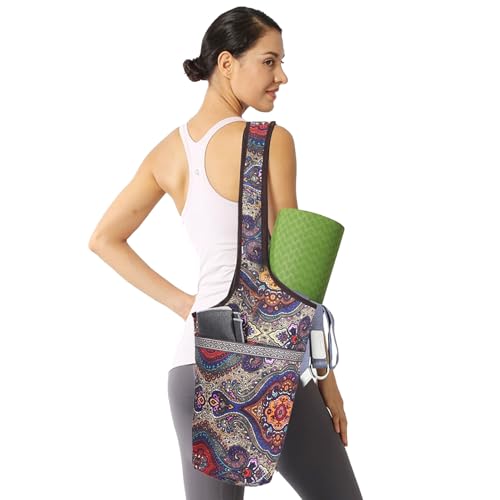 Bohemian Yoga Matin Carrier Bag - Diseño étnico colorido, material duradero y duradero | el espacio interior se adapta a una alfombra gruesa, varios bolsillos organizativos, una correa para el hombro