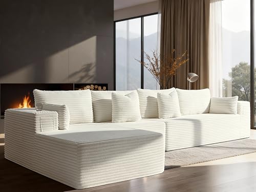 Image of 138 inch Cloud Sectional Couch, Comfort L Shaped Boneless Couch for Living Room, Extra Deep Seats No Assembly, Minimalist Modular Sofa, Corduroy (Cream, 3 Seater+Left Facing Chaise)