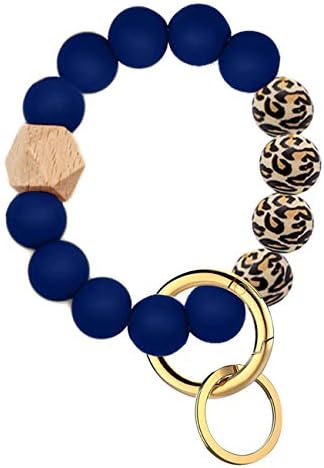 BattleTim Silicone Keychain Bracelets Wooden Beaded Key Ring Bracelet for Women,Navy Blue