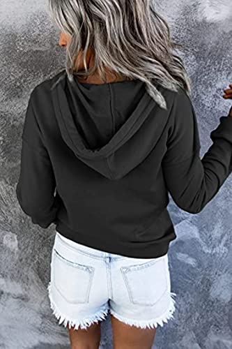Fadtop Women's Hoodie Drawstring Head Jumper Sweatshirt Polo Shirt Casual Solid Color Long Sleeves Black-L #TOP3