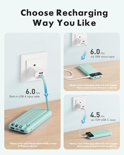 Image of charmast Portable Charger with Built in Cables, Power Bank with Cords Wires, Slim 10000mAh Travel Battery Pack 6 Outputs 3 Inputs 3A Fast Charging for Samsung Google Pixel LG Moto iPhone iPad