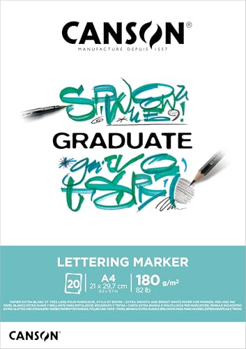 Canson Lettering Rotulador Bloc Encolado A4 20 hojas Satin 180g, Blanco, C31250P026