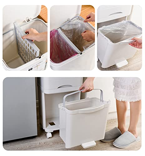 Tonchean Kitchen Trash Can With Recycling Bin Combo, 3 Tier White Garbage Can Dual Trash Can For Recycling And Trash, Recycling Bin For Kitchen With Drawer, For Recycling And Trash With Wheels #TOP4