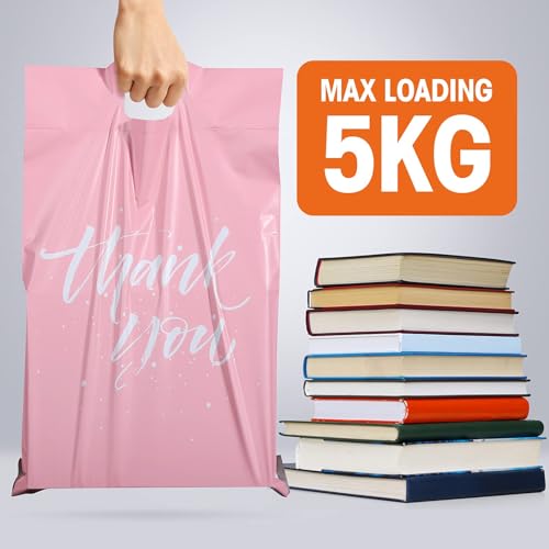 Switory Versandtaschen 12X15,5 (305x394mm), 25 Stück, Umschläge mit Griff, Verpackungstasche für Kleidung, Selbstklebend, leicht zu tragen, wasserdicht und reißfest, Rosa (Thank You)