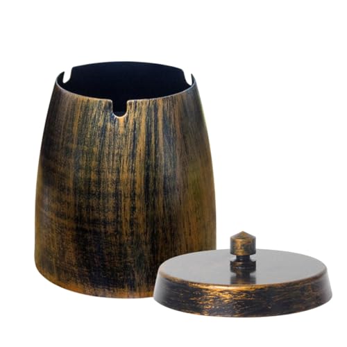Metal Ashtrays with Lid Heavy Windproof Cigarette Ash Tray Scratch Base Smell-Proof Ashtray for Indoor or Outdoor Use Garden Office Household (Bronze)