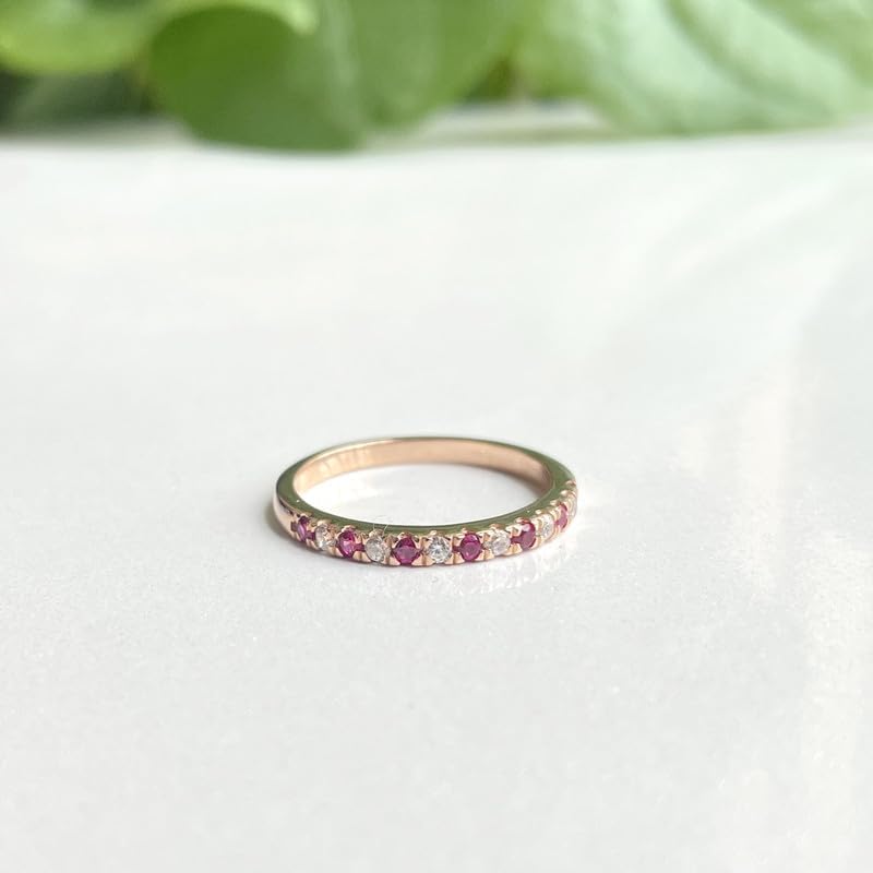 2 mm Ruby & White Diamond Half Eternity Wedding Band For Women, 14k Gold Finish Ruby Wedding Band, Ladies Alternate Diamond Ring