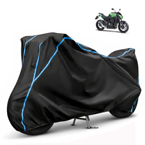 Image of Compatible with Kawasaki Z900 Waterproof Two Wheeler Bike Body Cover Water Resistant, Heavy Duty, UV Rays, Dust & Scratch Protection for All-Modal & Variants (Black,Sky Blue Piping)