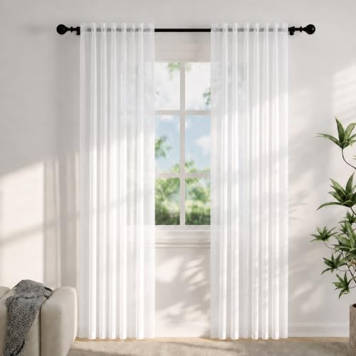 Flgef Voile Curtains for Windows 90 Drop 2 Panels Dual Rod Pocket Sheer Curtains Light Filtering White Net Curtains for Living Room Bedroom Kitchen W56xL90 Inches