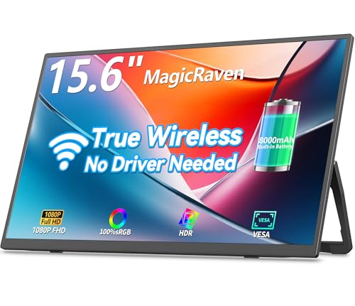 MAGICRAVEN 8000 mAh Wireless Portable Monitor, 15.6' 1080P IPS VESA-Compatible Laptop Screen, Second Computer Gaming Display with Speakers, Travel Monitor for Windows/Mac/Android/iOS/Gaming Console