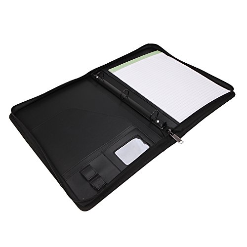 Freeprint Zippered Portfolio Binder 3 Ring with Writing Pad Legal Size Letter - PU Leather Professional Padfolio Folder for Interview Business, Black