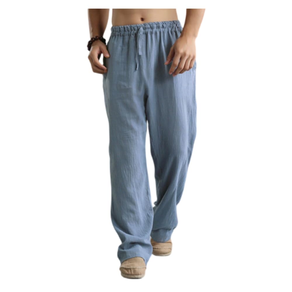 Mens Casual Linen Pants Elastic Waist Drawstring Lightweight Beach Summer Pants Straight-Legs Loose Trousers