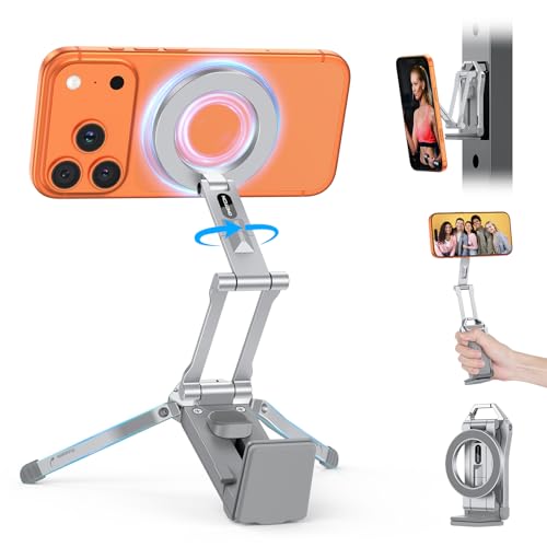 OMOTON Magsafe スマホスタンド360°、調整可能なアルミニウム製磁気式マグセーフ iPhone Stand 三脚(iPhone 17/16/15/14/13 Pro Max対応)、折りたたみ式スマートフォンスタンドVlog・ジム・旅行シーンに最適なエッセンシャルアクセサリー (A-銀)