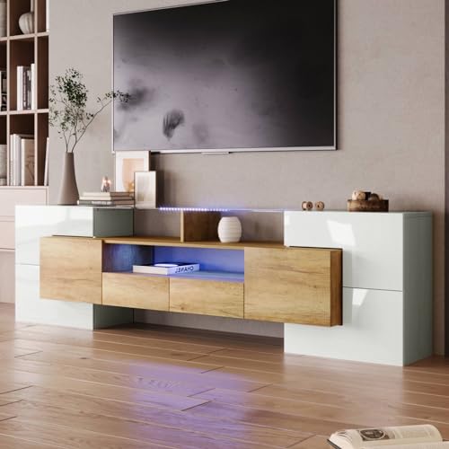 Sweiko Meuble TV bas avec éclairage LED, commode avec beaucoup d'espace de rangement, forme unique avec surfaces en verre, design moderne (blanc brillant et...