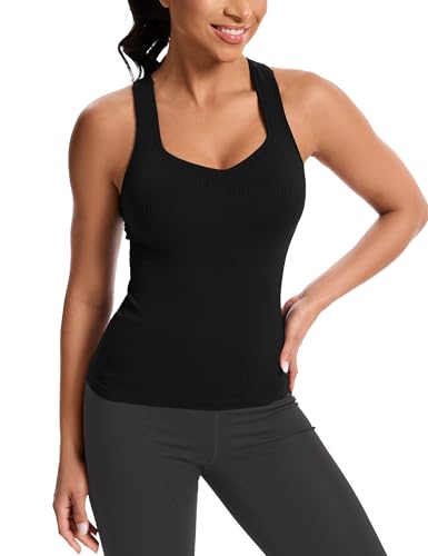 MathCat Women's Workout Tank Top with Built-in Bra, Slight V-Neck Racerback Sports Shirt, Breathable Athletic Camisole