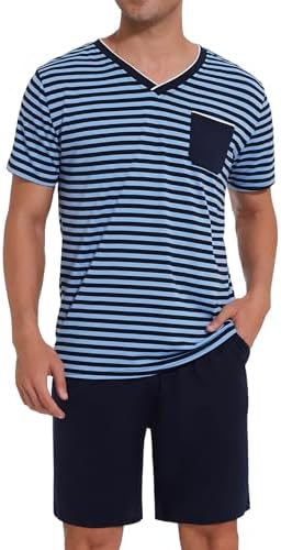 Leversic Schlafanzug Herren Kurz aus Baumwolle mit Kontraststreifen Design, Sommer Pyjama Set Oberteile und Kurze Hosen für Vater und Partner