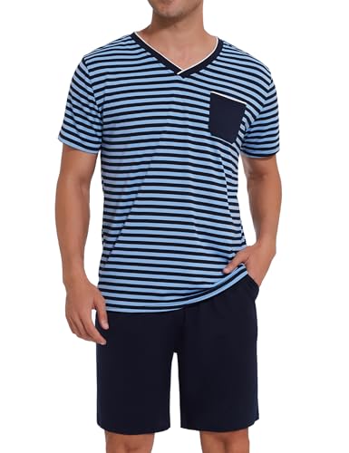 Leversic Mens Pyjama Set Crew Neck Short Sleeve Stripe Pyjama Top and Plain Pj Shorts with Pockets Summer Loungewear Set (Sky Blue,XL)